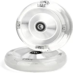 프로 스쿠터 휠 110 x 26mm 2개 추가 폭 투명 흰색 PU 고탄력성 및 BMX 트릭 스쿠터를 위한 알루미늄 금속