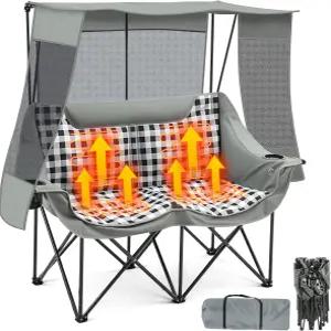 캐노피가 달린 온열 더블 캠핑 의자 성인 야외 잔디를 위한 포켓이 있는 패딩 러브시트 660파운드 접이식