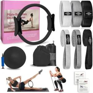 가정용 여성용 DICYWUDI 필라테스 에센셜 키트 운동용 장비 6개의 패브릭 저항 밴드 12인치 매직 서클 요가