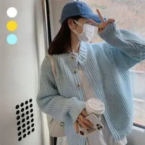 패션스타일 컬러풀 포인트 여성 라운드 롱 봄 여자 자켓 니트 루즈핏 브이 가디건