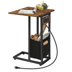 충전소가 있는 후브로 C 모양의 사이드 테이블, 패브릭 가방이 접이식 엔드 거실, 침실, 러스틱 브라운, 블랙 BF30USF01의 작은 공간을 위한 소파 트레이 테이블