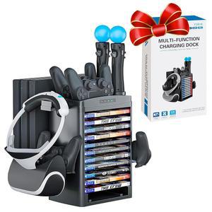 PS4 VR 헤드셋과 호환되는 스카이윈 충전 스테이션 - 게임 디스크 랙, 헤드셋 및 콘솔 스탠드, 냉각 팬, 컨트롤러 충전기 USB 허브가 있는 PSVR 스탠드 다목적