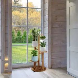 바퀴 달린 다층 원목 화분 스탠드 실내외 파티오 거실 발코니 공간 절약형 받침대