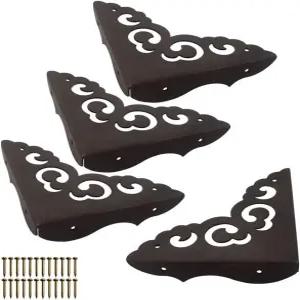 금속 모서리 보호대 4종 세트 골동품 나무 상자 테이블 책상 가장자리 장식 가구용 속이 빈 꽃 (블랙)