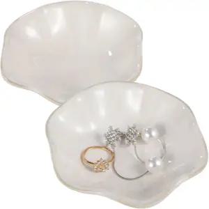 토요스포츠 도자기 주얼리 접시 2개 연꽃잎 고리 작은 장신구 트레이 흰색 금색 트리밍 홀더 침대 장식용