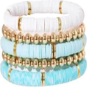 여성 보헤미안 스태커블 골드 도금 비즈 여성용 구지드 서퍼 헤이시 클레이 비드 팔찌 탄력 레이어링 우정