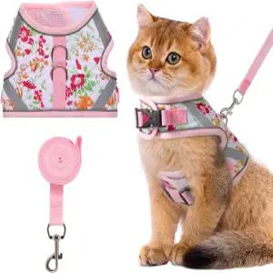 비브랜지 플로럴 고양이 목줄 및 하네스 세트. 탈출 방지 기능으로 작은 개 또는 토끼를 걱정 없이
