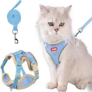 완하트 고양이 하네스 및 목줄 세트 탈출 방지 조절 가능한 모든 품종에 적합한 콤보(블루 XL)
