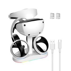 PSVR 2용 참 포커스 충전소, 수직 플레이스테이션 VR2 헤드셋 디스플레이 스탠드, LED 표시등이 있는 듀얼 PSVR2 컨트롤러 충전 도크, 9개의 RGB 조명 모드