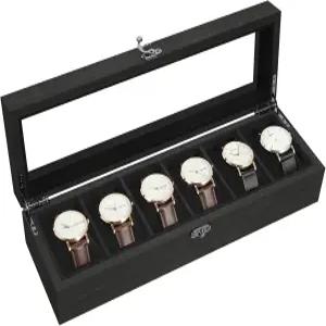 유텐 솔리드 우드 시계 상자 부드러운 베개가 있는 6 슬롯 케이스 유리 뚜껑이 디스플레이 홀더 정리함 및