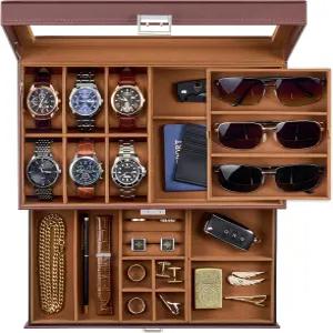 프로케이스 남성용 주얼리 박스 잠금식 6 슬롯 시계 케이스 및 3 선글라스 정리함 2겹 홀더 진열 보관용