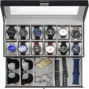 프로케이스 시계 상자 서랍이 있는 12슬롯 남성 케이스 유리 뚜껑이 2겹 디스플레이 남성용 주얼리 박스