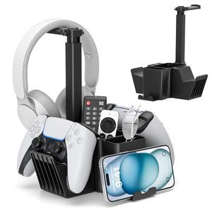 헤드폰 스탠드가 있는 KDD 듀얼 컨트롤러 홀더 - 휴대폰 홀더가 다기능 책상 보관함 원격 제어 펜 액세서리를 위한 데스크톱 정리함이 범용 스탠드(블랙)