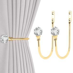 그롤레카 2 x 헤비 듀티 U자형 금속 커튼 홀드백 타이백과 투명 크리스탈 볼 풀백 홀더(골드)