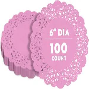 페이스트리 텍 6 x 인치 레이스 도일리 장식용 식기 플레이스 매트 100 개 - 일회용 원형 분홍색 종이