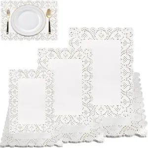 레인볼로우 150개 직사각형 종이 도일리 플레이스매트용 화이트 레이스 일회용 3종 세트 결혼식 생일 파티
