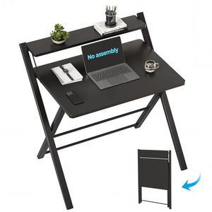 그린포레스트 조립식 접이식 책상, 선반이 있는 2단 컴팩트 컴퓨터 홈 오피스, 기숙사 또는 아파트를 위한 공간 절약형 테이블, 휴대용 튼튼한 노트북 블랙