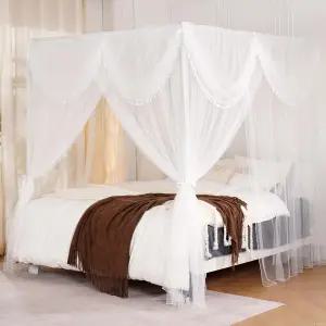 YMRZED 화이트 캐노피 침대 커튼 - 4 코너 포스트 프린세스 드레이프 네팅 오프닝 모기장 침실 장식