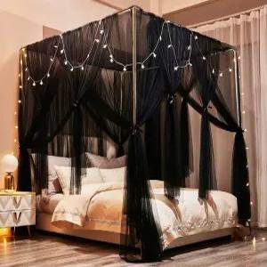 멩게시 침대 캐노피 커튼 조명 포함 - 4 코너 포스트 로얄 모기장 우아한 침실 장식 액세서리(퀸 블랙)