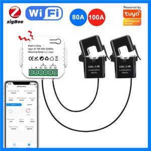 Tuya 100A 80A 스마트 에너지 미터 WiFi/Zigbee 2CH 전류 변압기 센서 클램프 Smartlife APP 원격 전력 모