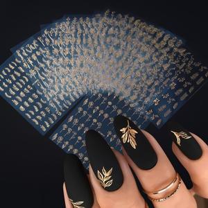 12Pcs 3D 골드 절묘한 꽃 잎 네일 아트 스티커 금속 자기 접착 데칼 DIY 레트로 매니큐어 장식