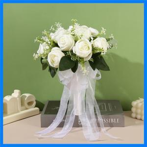 1 인공 꽃 부케, 신부 들러리 웨딩 부케, 흰색 인공 장미 웨딩 장식, 가정 장식
