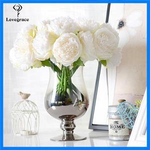 가짜 모란 인공 꽃 꽃다발, 흰색 가짜 모란 신부 부케, 홈 웨딩 파티 장식 5 머리 실크 플로어 모란 꽃다발
