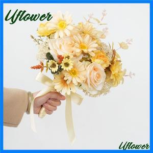 Uflower 35CM 웨딩 신부 부케 인공 꽃 실크 장미 데이지 부케 홈 파티 프로모션 DIY 장식 선물