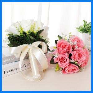 1pc 꽃을 들고 실크 새틴 리본 신부 들러리 신부 파티 웨딩 액세서리와 인공 자연 장미 웨딩 부케
