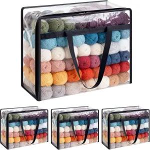 4팩 원사 보관 가방 18x15x9인치 대형 듀얼 지퍼 핸들 다양한 볼 니트 및 크로셰 프로젝트를 위한 투명