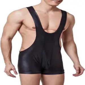 YEMYIQZ 남성 레슬링 싱글 슬리브리스 운동 서포터 바디수트 액티브 레오타드 점프슈트 PU 가죽 박서