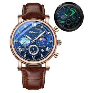 팬미스 남성 클래식 다기능 밀리터리 스포츠 아날로그 시계 비즈니스 드레스 방수 야광 그래프 별이 빛나는 하늘 달 페이즈 가죽 손목시계