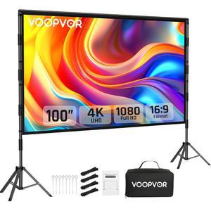 야외 프로젝터 화면 및 스탠드: VOOPVOR 100인치 휴대용 실내 - 업그레이드된 영화 16:9 4K HD 뒷마당 밤용 캐리백이 있는 주름 없는 경량 프로젝션 스크린