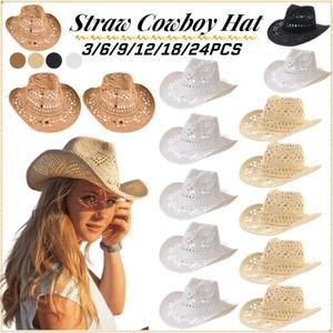 3-24PCS 여성용 밀짚 카우보이 모자 결혼식 서양 카우걸 와이드 브림 독신 여우 파티 비치