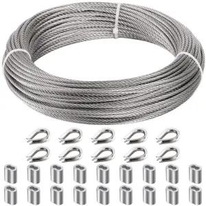 Okllen 1/8인치(3MM) 와이어 로프 100피트 스테인리스 스틸 케이블 18개의 알루미늄 크림핑 슬리브가 있는