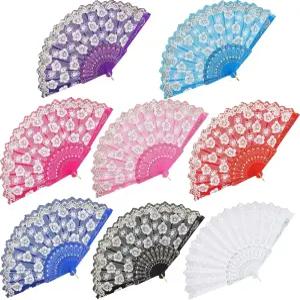 바비욘드 8pcs 꽃무늬 손 선풍기 빈티지 휴대용 레이스 접이식 자두 천 결혼식 댄스 파티용