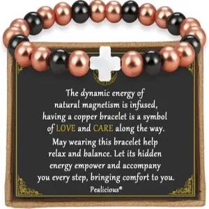 여성용 PEALICUS 구리 팔찌 크로스참 마그네틱 3500 가우스 비드 발렌타인 데이 선물 포함 장신구 펄세라