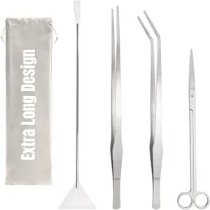 하이시덴 4개 15인치 길이의 수족관 아쿠아스케이프 도구 스테인리스 스틸 키트에는 핀셋 가위 주걱 수조