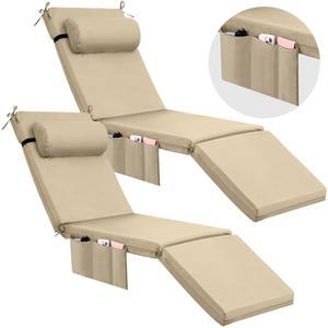 라탄뷰 2개 야외 체이스 라운지 쿠션, 베개 및 사이드 포켓 방수 의자 가구 파티오 패드, 풀 잔디 (베이지, 72 x 21 4)