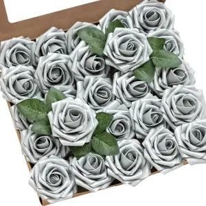 링스 모먼트 인조 꽃 25Pc 슈머 그레이 로즈 장식 스템 포함 3 리얼 터치 DIY 폼 플로럴 웨딩