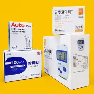 글루코닥터 혈당측정기+시험지100매+침100+솜100 개인용 당뇨검사키트 당 체크 검사지
