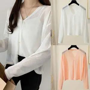 여성 SS90WE17 여름 니트 소재 시스루 플라우 단추 가디건