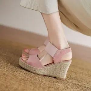 여성 러블리 신발 웨지힐 샌들 오픈토 통굽 힐 밀짚창 양가죽 일자 힛템