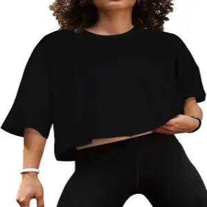 여성용 여름 크롭탑 캐주얼 하프 슬리브 탑 루즈핏 반팔 티셔츠 운동 오버사이즈