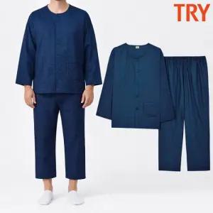 트라이 남자잠옷 60수 주자직 라운드넥 순면 긴팔 9부 파자마 홈웨어 세트