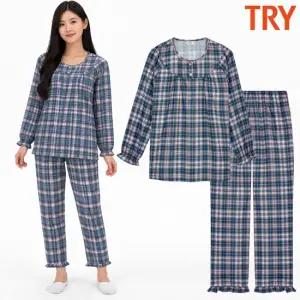 트라이 여성잠옷 프릴 세트 라운드 체크 순면 60수 주자직 파자마 홈웨어