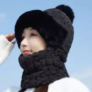 니트 기모 여성 털 넥워머 비니 방울 모자 일체형 여성모자 겨울모자 니트모자