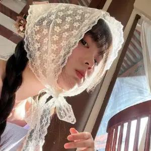 (보리별) 삼각두건 여성 레이스 커치프 헤어 반다나 얇은 망사 머리두건 스냅 촬영소품