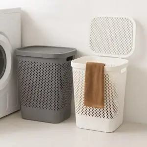 (색상 그레이)이동식 대용량 빨래 바구니 통풍 메쉬 세탁 바구니 뚜껑 수납함