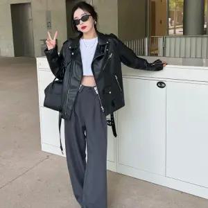 여자 루즈핏 가죽 칼라넥 지퍼 허리 벨트 기본길이 라이더 자켓 재킷